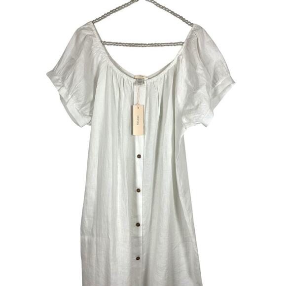 Eberjey The Harper White Linen Short PUff Sleeve Button Down Midi Dress Size XL - Picture 3 of 11